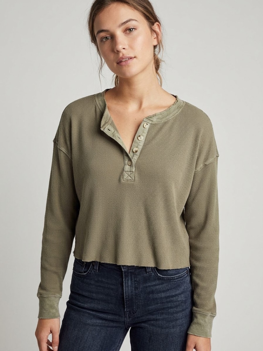 Natural Life Waffle Knit Henley Cropped Long Sleeve Top Button Front Raw Hem